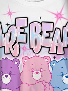SHEIN X Care Bears Plus Size Women's Letter Print Crew Neck Short Sleeve Casual T-Shirt - White - View 4