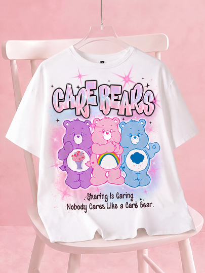 SHEIN X Care Bears Damen-T-Shirt in Große Größen mit Buchstabenprint, Rundhalsausschnitt und kurzen Ärmeln, lässig