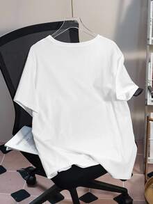 SHEIN X Care Bears Plus Size Women's Letter Print Crew Neck Short Sleeve Casual T-Shirt - White - View 2