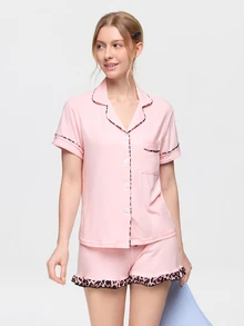 Bonmuse 2pcs Women's Full-Length Solid & Leopard Print Coordinated Set, Featuring Leopard Print Trim, Button-Front Cardigan, Elastic Waist Shorts With Bow Decor And Ruffle Hem, Soft & Breathable Fabric, Casual & Comfortable Loungewear Set - Pink - View 10
