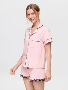 Bonmuse 2pcs Women's Full-Length Solid & Leopard Print Coordinated Set, Featuring Leopard Print Trim, Button-Front Cardigan, Elastic Waist Shorts With Bow Decor And Ruffle Hem, Soft & Breathable Fabric, Casual & Comfortable Loungewear Set - Pink - View 5
