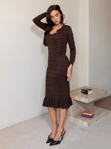 Modelyn Women's Elegant Commute Solid Color Cardigan & Knit Dress 2 Pieces Set - Coffee Brown - View 7