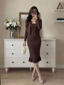 Modelyn Women's Elegant Commute Solid Color Cardigan & Knit Dress 2 Pieces Set - Coffee Brown - View 1