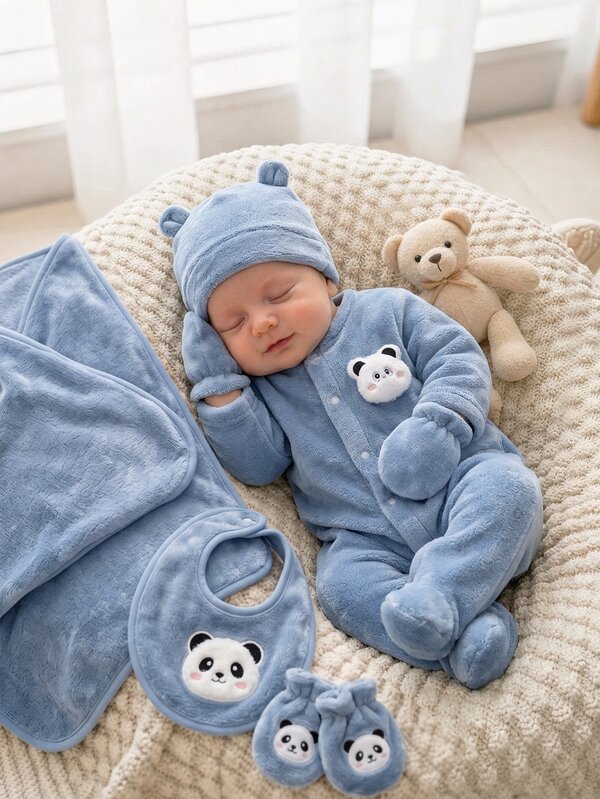 SHEIN Newborn Baby Boy Long Sleeve Fleece Lined Jumpsuit With Hat And Gloves, Dusty Blue Autumn/Winter Kawaii Sibling Matching, Infant Homewear Set Soft