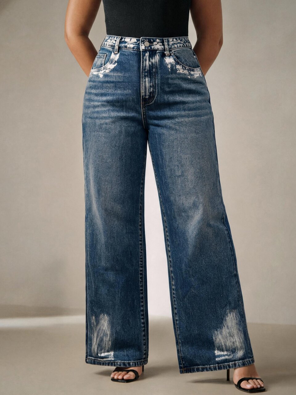 Plus Size Women's New Fashion Asymmetrical Silver Foil Blue Straight Leg Jeans Loose Fit