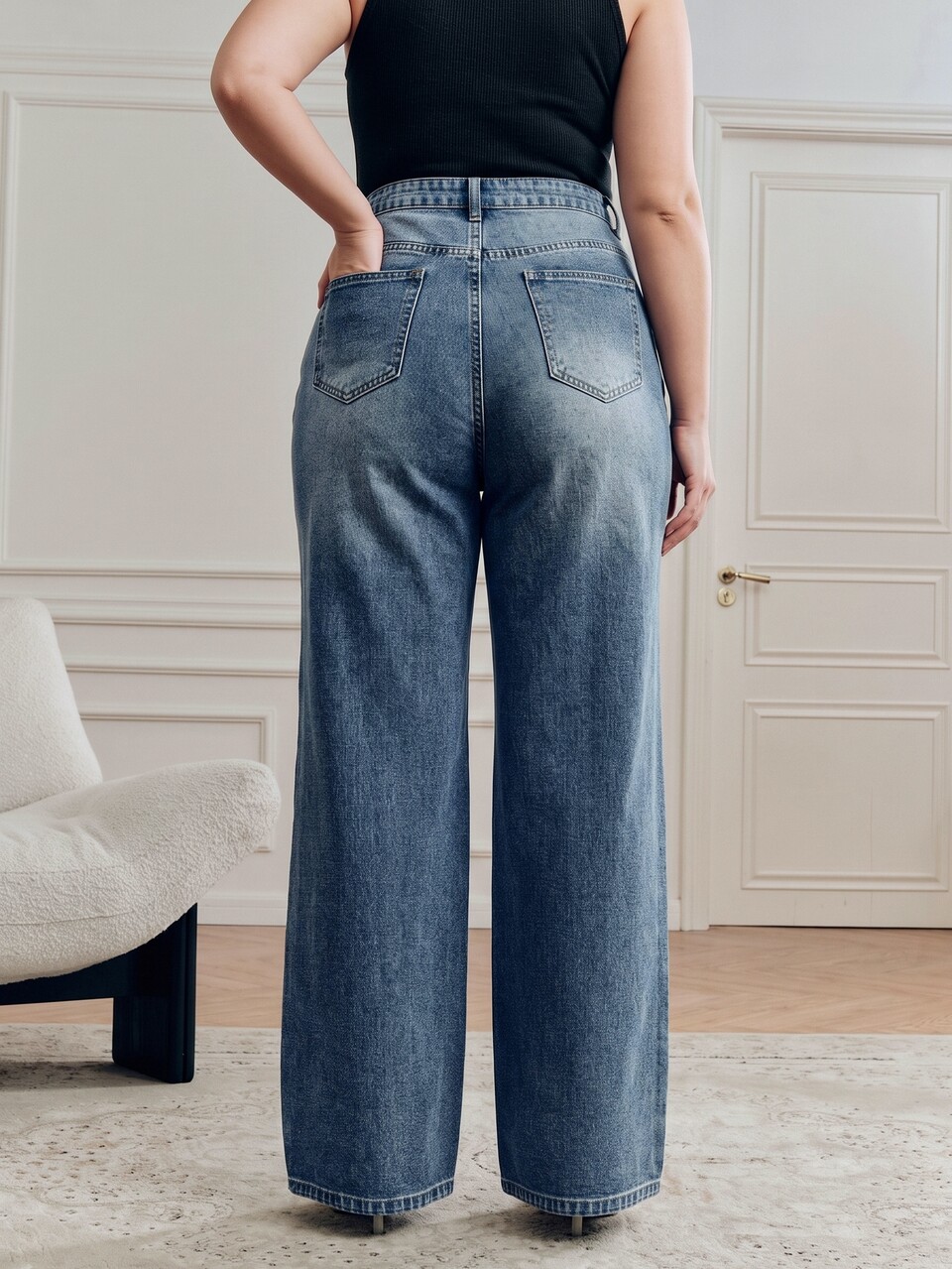 Plus Size Women's New Fashion Asymmetrical Silver Foil Blue Straight Leg Jeans Loose Fit