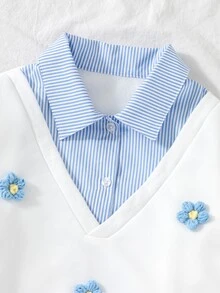 SHEIN 青少年女孩運動衫套裝，藍色，連帽衫 + 慢跑褲 2 件套，寬鬆版型，秋冬保暖，時尚百搭，休閒，領口，圓領，印花，字母印花，蝴蝶結，加厚保暖內裡 - 白色 - 查看 6