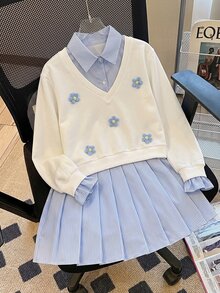 SHEIN 青少年女孩運動衫套裝，藍色，連帽衫 + 慢跑褲 2 件套，寬鬆版型，秋冬保暖，時尚百搭，休閒，領口，圓領，印花，字母印花，蝴蝶結，加厚保暖內裡 - 白色 - 查看 1