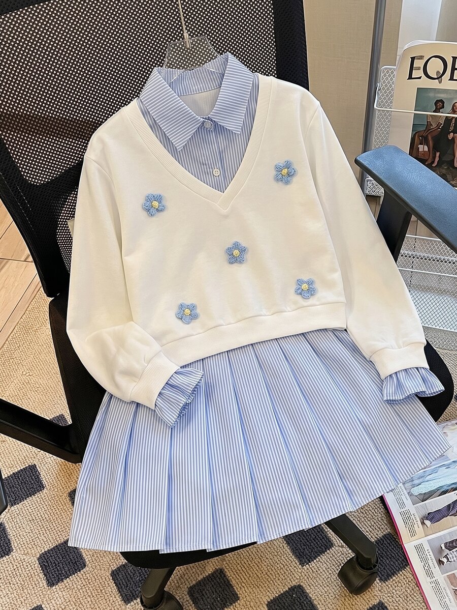 SHEIN 青少年女孩運動衫套裝,藍色,連帽衫 + 慢跑褲 2 件套,寬鬆版型,秋冬保暖,時尚百搭,休閒,領口,圓領,印花,字母印花,蝴蝶結,加厚保暖內裡 - 白色 - 查看 1