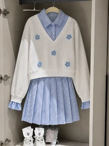 SHEIN 青少年女孩運動衫套裝，藍色，連帽衫 + 慢跑褲 2 件套，寬鬆版型，秋冬保暖，時尚百搭，休閒，領口，圓領，印花，字母印花，蝴蝶結，加厚保暖內裡 - 白色 - 查看 9
