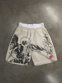Manfinity ZONE917 男士復古時尚天使字母印花雙層抽繩腰短褲 - 彩色 - 查看 1