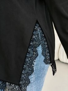 Melodosi 休閒大尺碼女款浪漫拼接蕾絲飾邊黑色圓領長袖T恤，適合秋季，黑色上衣，派對、約會 - 黑色 - 查看 7