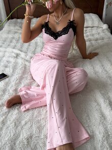 CottageSlumber Women's Knitted Polka Dot Print Contrast Lace Bow Strap Long Pants Pajama Set - Pink - View 3