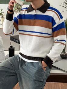 Claim Dot Men's Striped Drop Shoulder Long Sleeve Zip-Up Half-Placket Casual Sweater - Multicolor - View 7