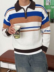 Claim Dot Men's Striped Drop Shoulder Long Sleeve Zip-Up Half-Placket Casual Sweater - Multicolor - View 8