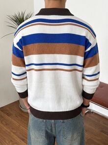 Claim Dot Men's Striped Drop Shoulder Long Sleeve Zip-Up Half-Placket Casual Sweater - Multicolor - View 3