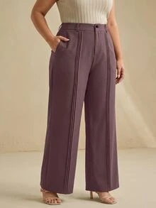 Anewsta Celana Panjang Wanita Ukuran Besar dengan Desain Lipit Ungu Elegan dan Bergaya Intelektual, Model Kaki Lebar - Purple - View 5