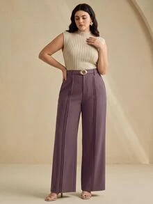 Anewsta Celana Panjang Wanita Ukuran Besar dengan Desain Lipit Ungu Elegan dan Bergaya Intelektual, Model Kaki Lebar - Purple - View 4