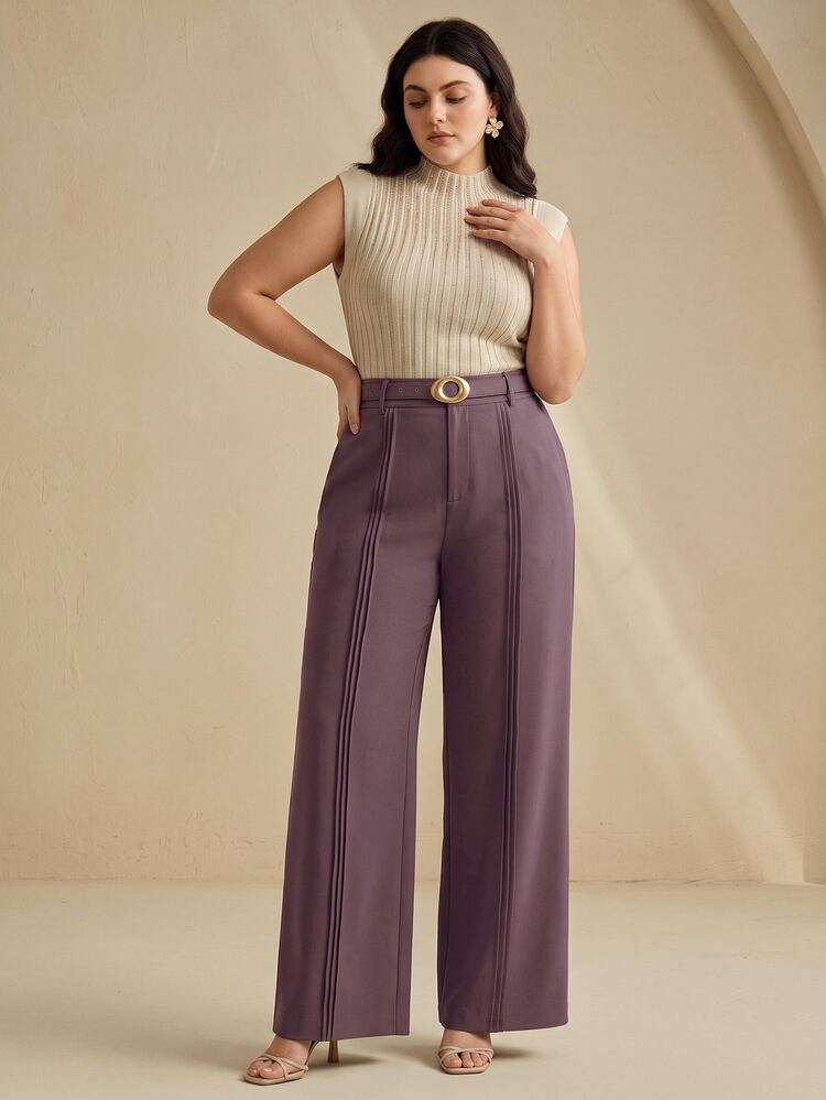 Anewsta Elegant Intellectual Purple Pleated Leg Design Decorated Plus Size Women's Wide Leg Suit Pants - Purple - View 4