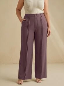 Anewsta Celana Panjang Wanita Ukuran Besar dengan Desain Lipit Ungu Elegan dan Bergaya Intelektual, Model Kaki Lebar - Purple - View 6