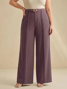 Anewsta Celana Panjang Wanita Ukuran Besar dengan Desain Lipit Ungu Elegan dan Bergaya Intelektual, Model Kaki Lebar - Purple - View 8