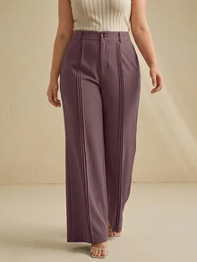 Anewsta Celana Panjang Wanita Ukuran Besar dengan Desain Lipit Ungu Elegan dan Bergaya Intelektual, Model Kaki Lebar - Purple - View 3