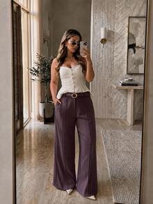 Anewsta Celana Panjang Wanita Ukuran Besar dengan Desain Lipit Ungu Elegan dan Bergaya Intelektual, Model Kaki Lebar - Purple - View 1