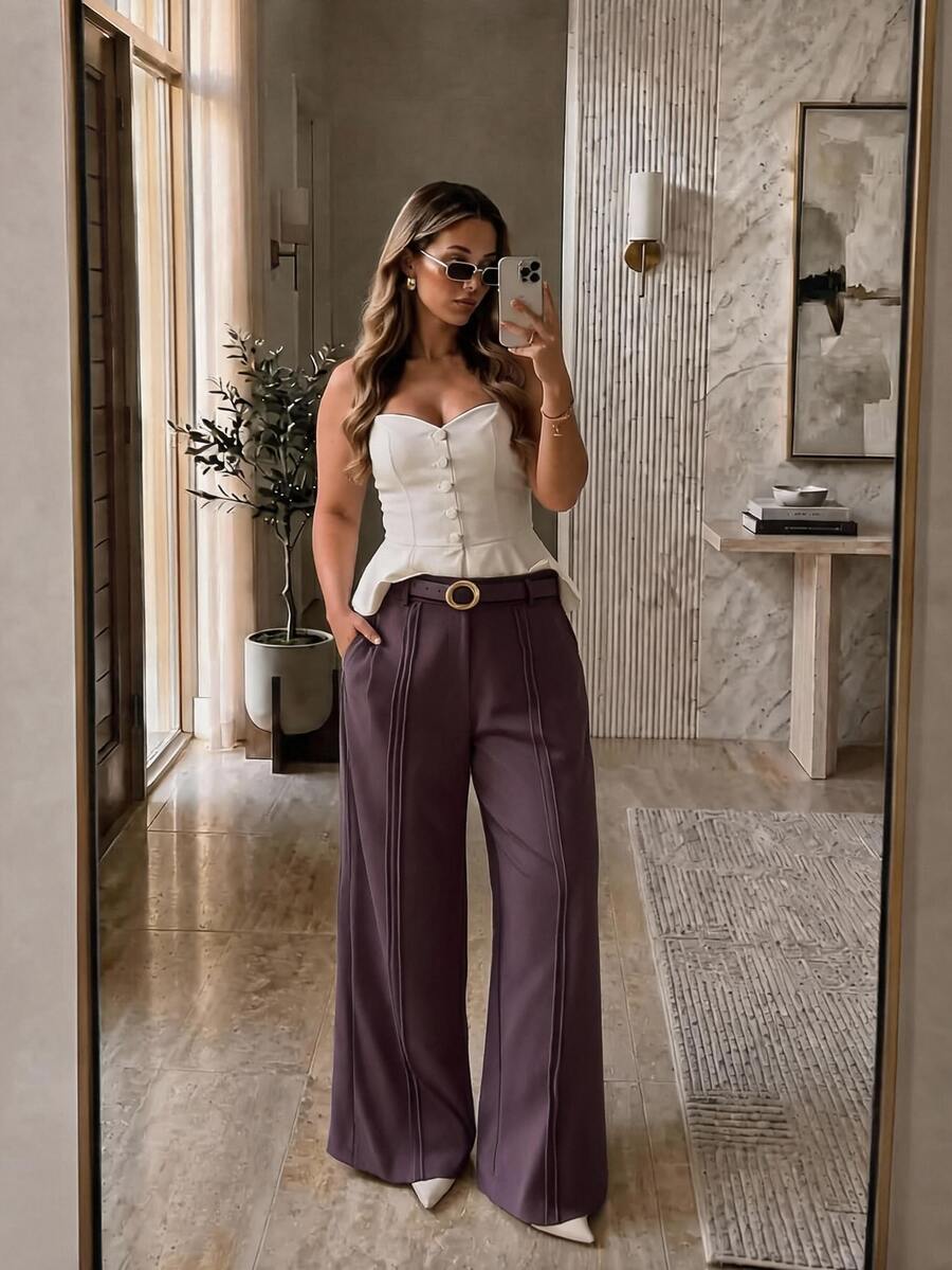 Anewsta Celana Panjang Wanita Ukuran Besar dengan Desain Lipit Ungu Elegan dan Bergaya Intelektual, Model Kaki Lebar - Purple - View 1