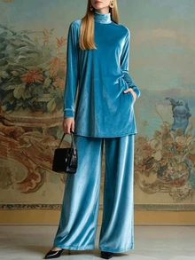 Balvessa 女款舒適天鵝絨上衣與長褲兩件套 - 青碧色 - 查看 1