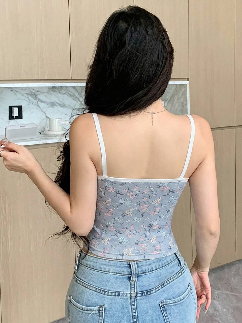 Summer Sweet Bowknot Decor Ditsy Floral Hollow Design Self-Padded Camisole Top For Women