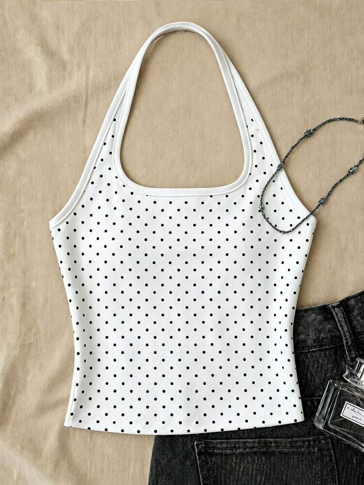 Casual Cute Y2k Halter Neck Tank Top, Suitable For Summer Mothers Day Outfit Graduation Summer Tops White - White - View 3