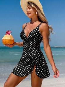 Swim Lushoire Rok Pendek Berenda dengan Tali Serut dan Leher V Bermotif Bunga untuk Wanita di Musim Panas, Model Penutup Baju Renang - Hitam - View 5
