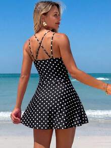 Swim Lushoire Rok Pendek Berenda dengan Tali Serut dan Leher V Bermotif Bunga untuk Wanita di Musim Panas, Model Penutup Baju Renang - Hitam - View 4