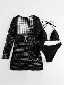 Swim SXY 3件套女士夏季沙滩度假露背比基尼套装及罩衫 - 黑色 - 查看 5