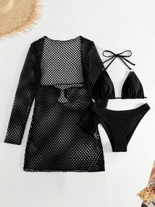 Swim SXY 3件套女士夏季沙滩度假露背比基尼套装及罩衫 - 黑色 - 查看 3