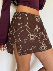 Aloruh 女款優雅通勤音樂節派對休閒亮片刺繡咖啡色Y2K迷你裙 - 咖啡棕 - 查看 4