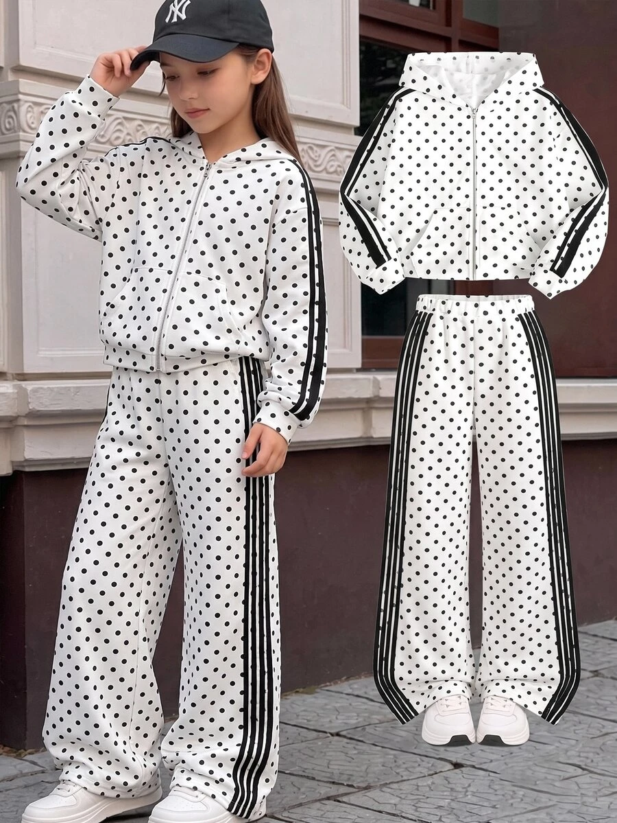 SHEIN Tween Girls Casual Black White Polka Dot Printed Hooded Sweatshirt Sweatpants 2Pcs Set - Black and White - View 1