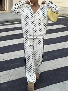 SHEIN 青少年女孩休閒黑白波點印花連帽衛衣運動長褲2件套 - 黑與白 - 查看 11