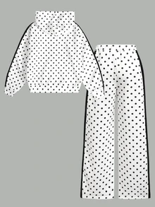 SHEIN 青少年女孩休閒黑白波點印花連帽衛衣運動長褲2件套 - 黑與白 - 查看 3