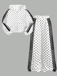 SHEIN 青少年女孩休閒黑白波點印花連帽衛衣運動長褲2件套 - 黑與白 - 查看 2