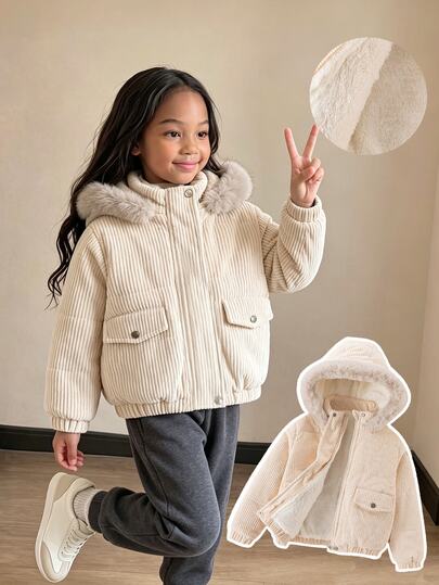 Young Girls Winter Apricot Ribbed Hooded Thick Faux Fur Collar High Waist Slim Fit Fashion Padded Coat, Casual Versatile Outerwear For Autumn/Winter