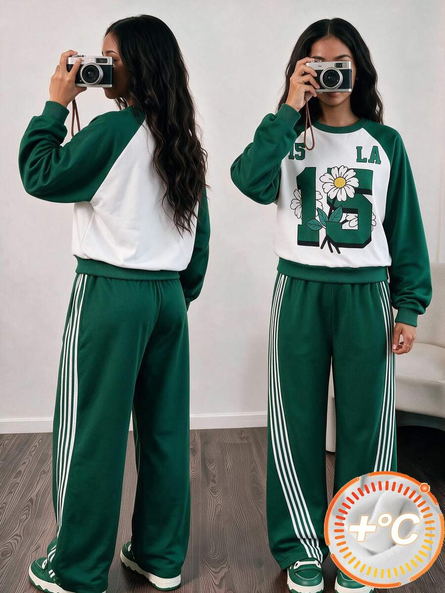 女童 2 件組落肩運動衫套裝,深綠色與白色拼接,雛菊與數字印花,羅紋袖口,寬鬆版型側條紋寬腿褲,休閒運動風校園與外出穿搭 - 綠色 - 查看 1