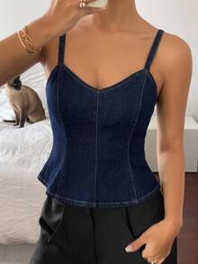 DAZY Peplum Cami Denim Top - Blue - View 3
