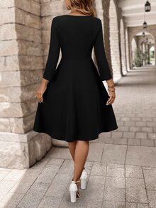 EMERY ROSE Women's A-Line Button Decor Square Neck Short Sleeve Work Dress - Black - View 2