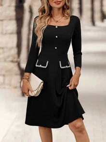 EMERY ROSE Women's A-Line Button Decor Square Neck Short Sleeve Work Dress - Black - View 7