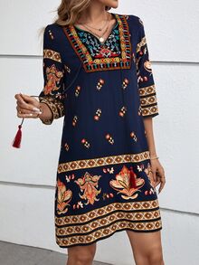 EMERY ROSE Váy dài màu xanh cổ buộc tua rua hoa Đầm mùa hè - Nhiều màu - Xem 3
