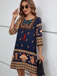 EMERY ROSE Váy dài màu xanh cổ buộc tua rua hoa Đầm mùa hè - Nhiều màu - Xem 5