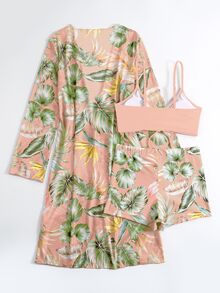 SHEIN Swim Summer Beach Tropical Print Spaghetti Strap Contrast Tropical Print Bikini Set & Kimono - Champagne - View 3