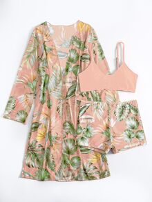 SHEIN Swim Summer Beach Tropical Print Spaghetti Strap Contrast Tropical Print Bikini Set & Kimono - Champagne - View 8