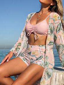 SHEIN Swim Summer Beach Tropical Print Spaghetti Strap Contrast Tropical Print Bikini Set & Kimono - Champagne - View 5